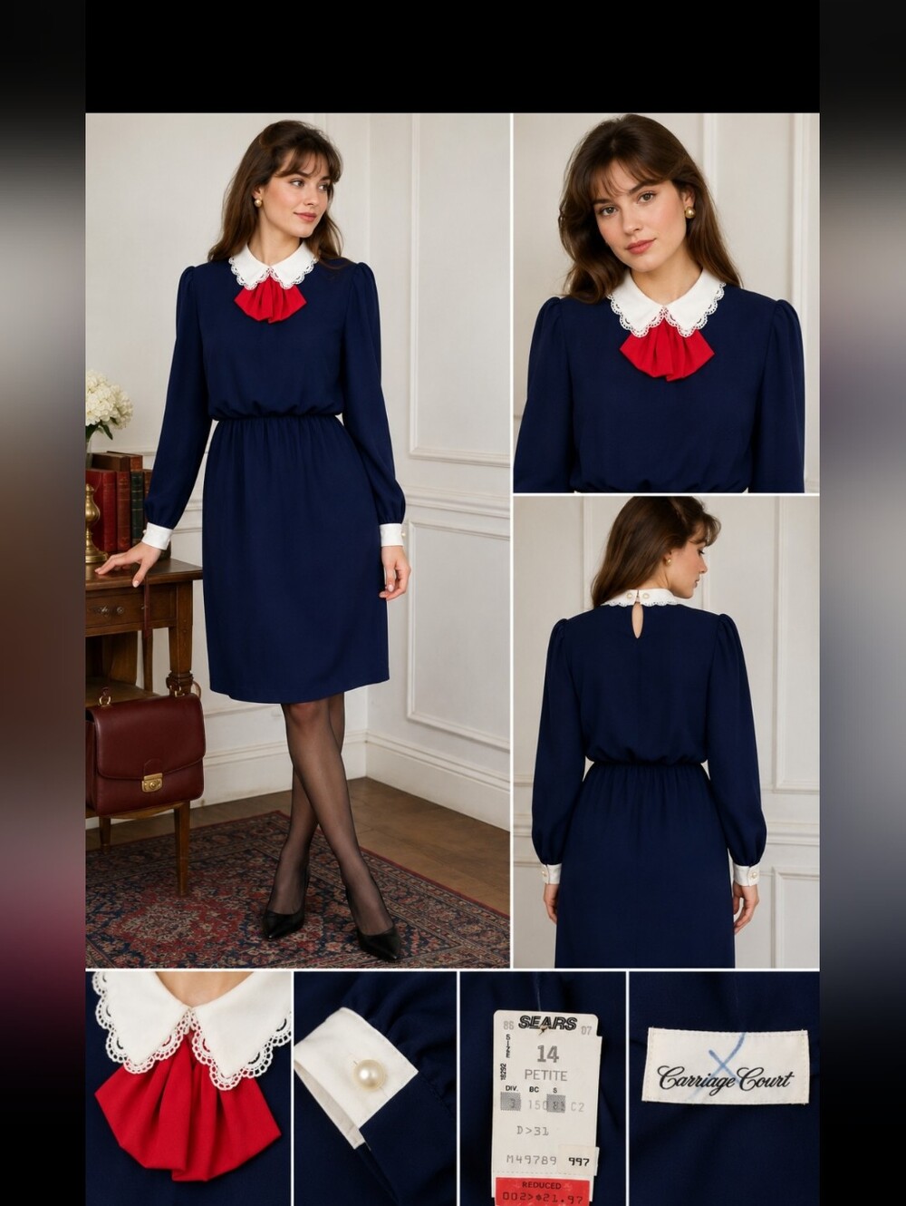 Vintage 80s Carriage Court Sears Navy Peter Pan Collar Dress Red Bow NWT Med